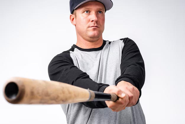 Close-up of a baseball bat with a player