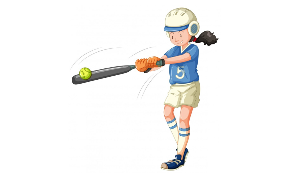 A cartoon girl swinging a bat at a softball