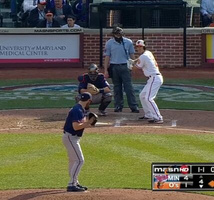 A pitcher facing a batter during a baseball game with the scoreboard showing a tied score