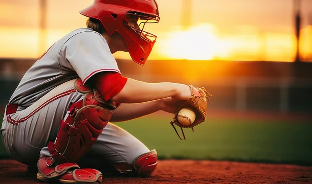 A catcher crouches on the field at sunset, glove in hand