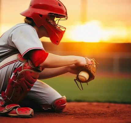 A catcher crouches on the field at sunset, glove in hand