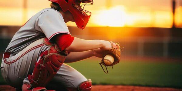 A catcher crouches on the field at sunset, glove in hand