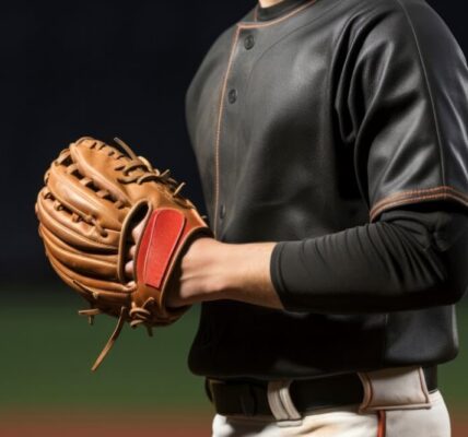 A baseball player in a dark jersey stands holding a mitt