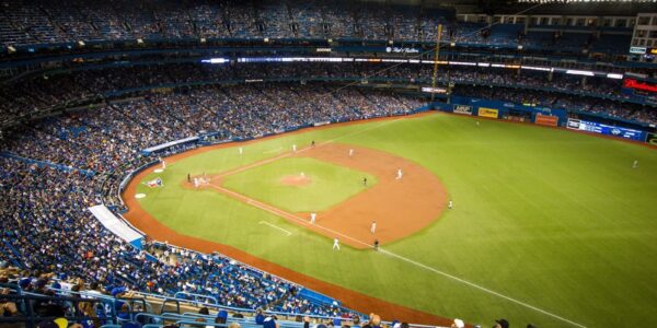 Bird view of baseball stadium and players in the field