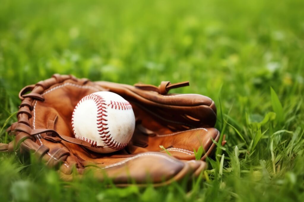 Close up of baseball with glove on grass