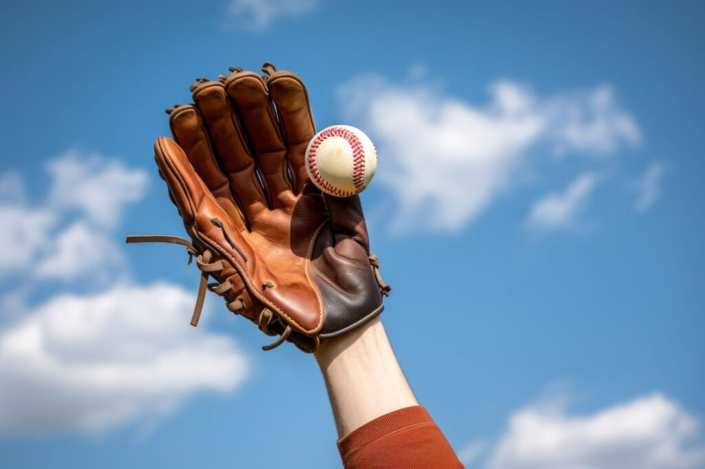 Baseball glove catching ball against the sky